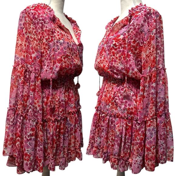 MISA Los Angeles Leeva Pink Floral Bell Sleeve Mini Ruffle Dress Women’s XS - Picture 2 of 8